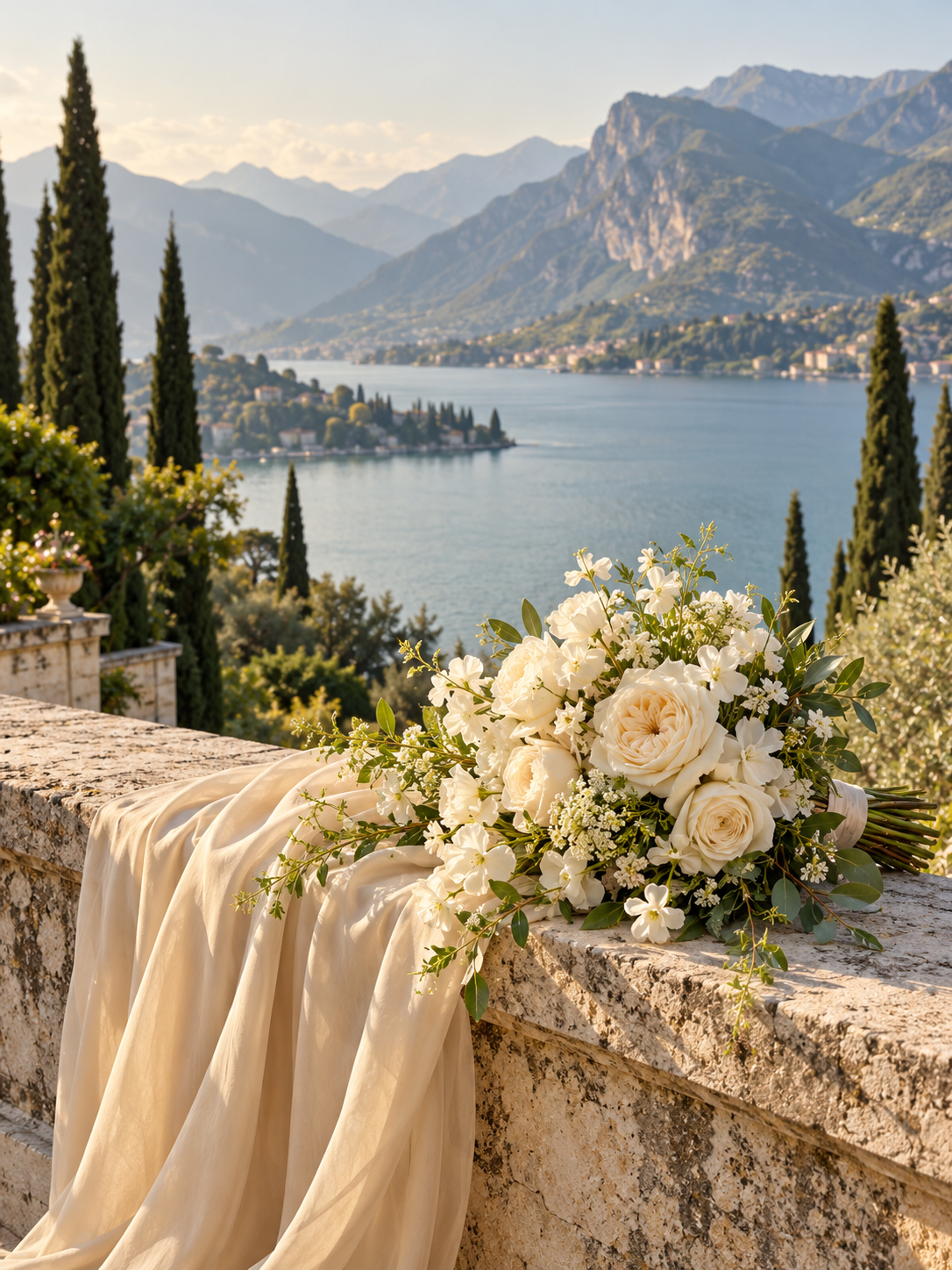 An ivory bridal bouquet on a stone terrace above a sunlit mountain lake