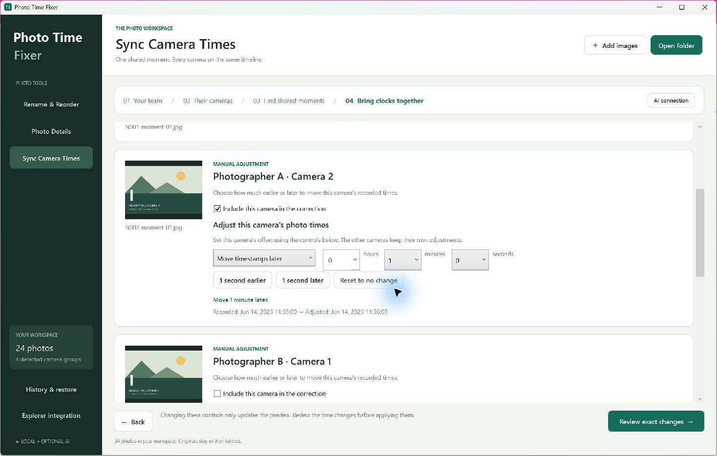 Review camera times in Photo Time Fixer