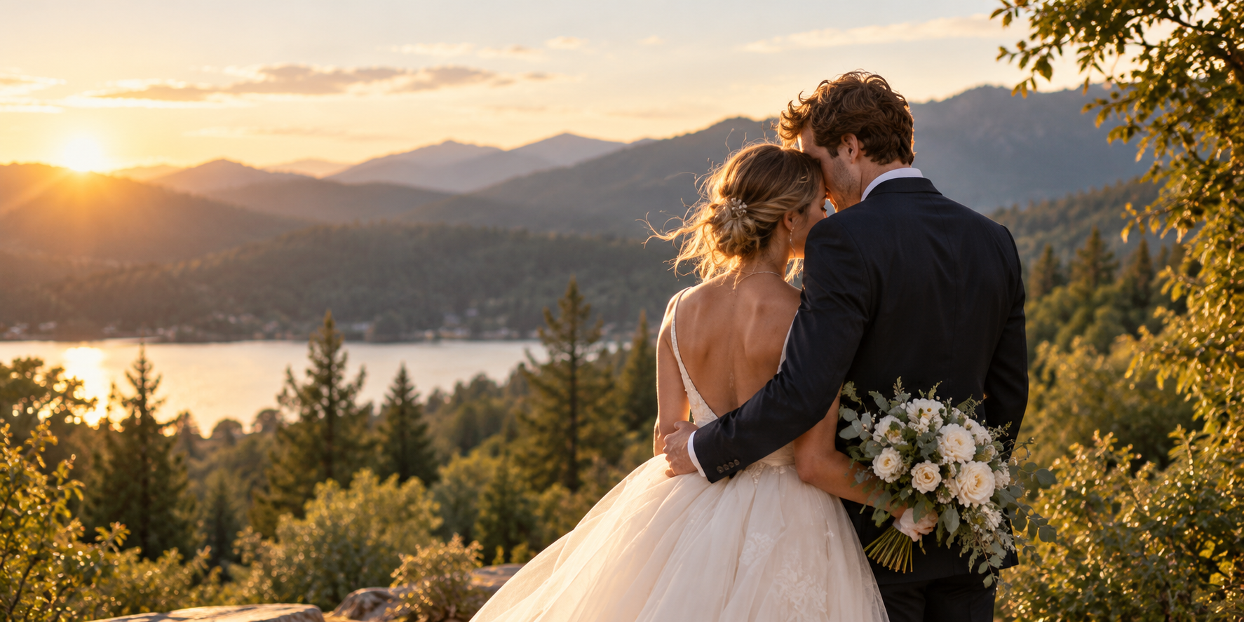 A wedding couple overlooking a mountain lake at golden hour